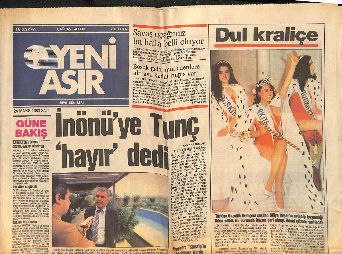 Yeni Asır Gazetesi 24 Mayıs 1983 - Güzellik Kraliçesi Seçilen Hülya Avşar Evlenip Boşandığı İçin Ünvanı Elinden Alındı - Denizlispor Şampiyon Oldu GZ132307 - 1