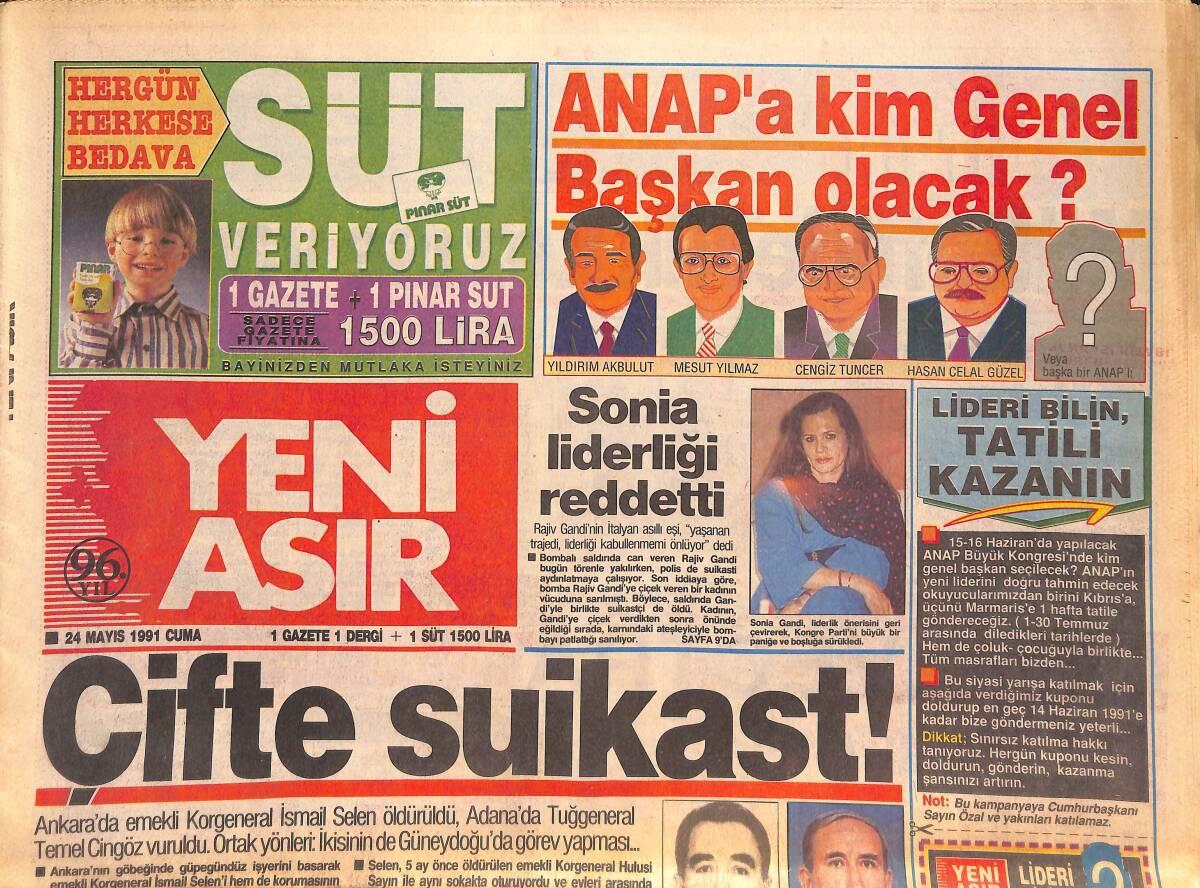 Yeni Asır Gazetesi 24 Mayıs 1991 - Çifte Suikast - Anap'a Kim Genel Başkan Olacak ? GZ132181 - 1