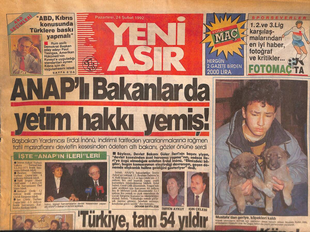 Yeni Asır Gazetesi 24 Şubat 1992 - Anap'lı Bakanlar da Yetim Hakkı Yemiş - Belkis Akkale - Kaynana / Vay Bana GZ134296 - 1