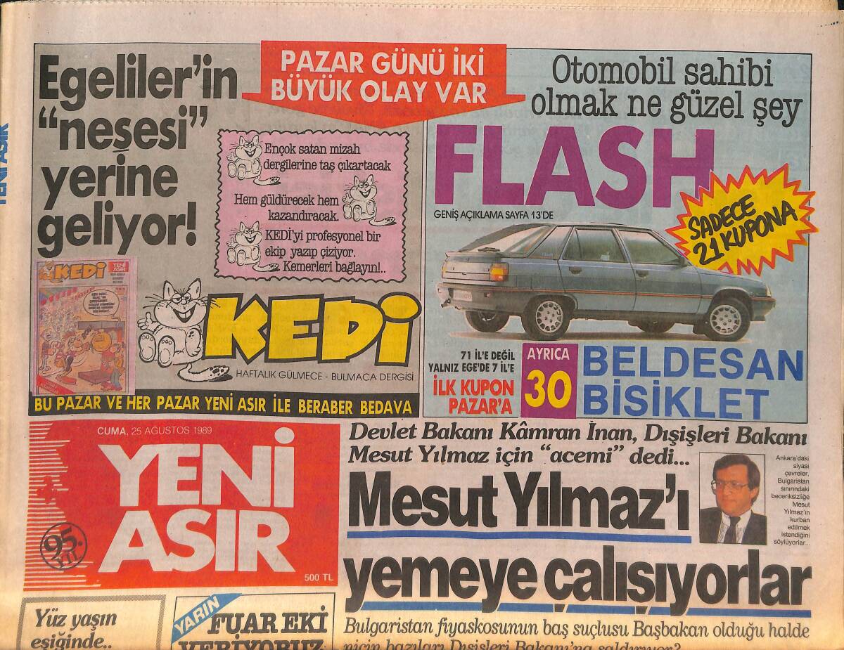 Yeni Asır Gazetesi 25 Ağustos 1989 - Fuar Akasyalar, Lunapark, Ekici Över - Bülent Ersoy, İbrahim Tatlıses, Ahu Tuğba, Hülya Avşar, Ahmet Kaya, Emrah GZ132172 - 1