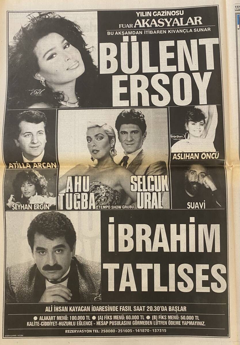 Yeni Asır Gazetesi 25 Ağustos 1989 - Fuar Akasyalar, Lunapark, Ekici Över - Bülent Ersoy, İbrahim Tatlıses, Ahu Tuğba, Hülya Avşar, Ahmet Kaya, Emrah GZ132172 - 2