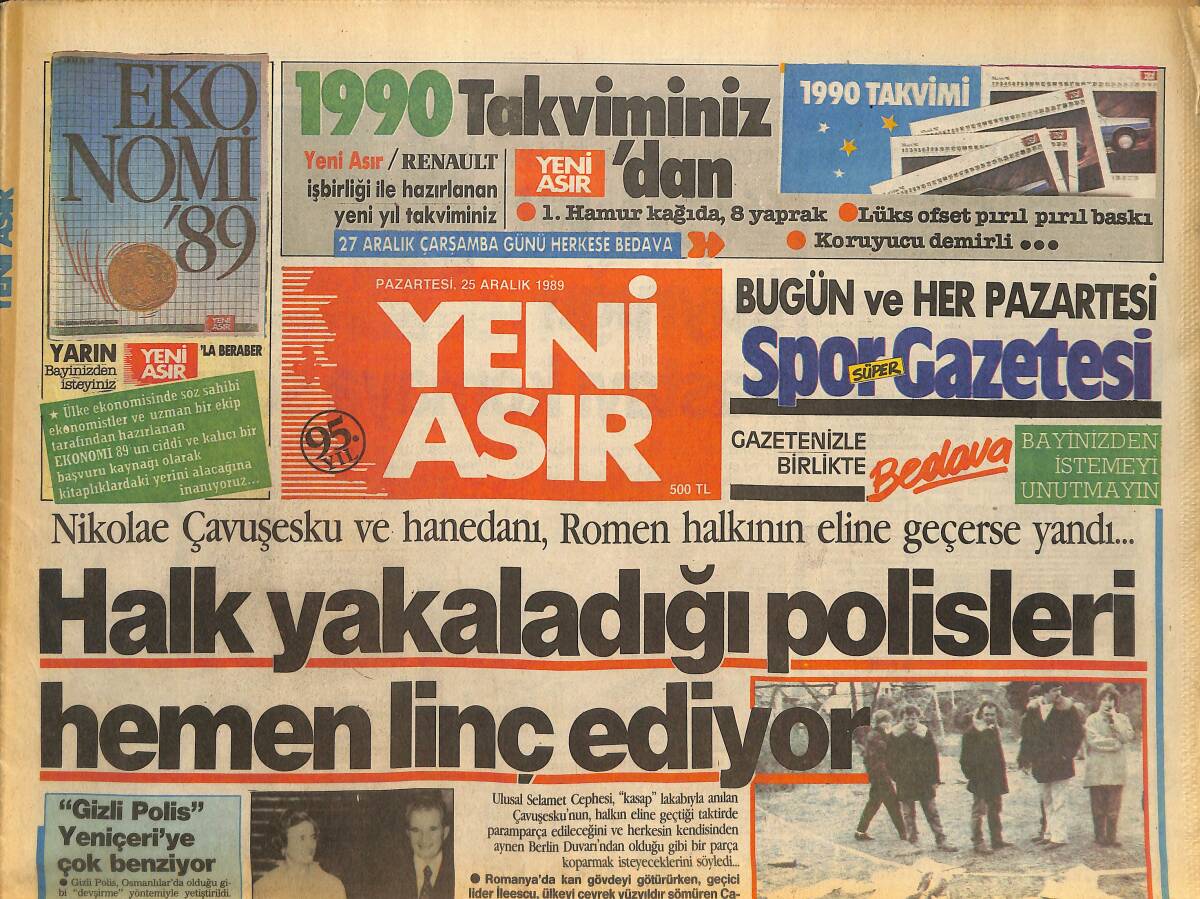 Yeni Asır Gazetesi 25 Aralık 1989 - Evren Tatilde Balık Besledi - İsmet İnönü Anılıyor GZ133787 - 1