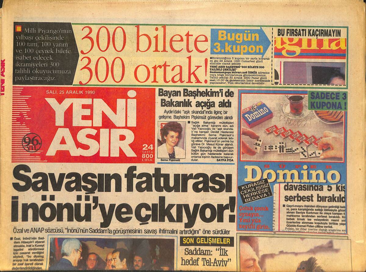 Yeni Asır Gazetesi 25 Aralık 1990 - Saddam Korku İçinde Yaşıyor - Woody Allen'dan Şahane Bir Film GZ133556 - 1