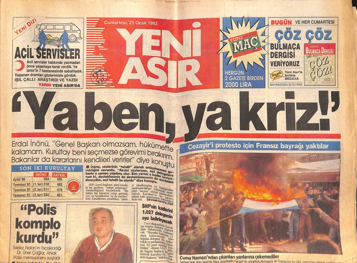 Yeni Asır Gazetesi 25 Ocak 1992 - Yılmaz , Çakmur'a Ateş Püskürüyor - Güngör Mengi , Ruhat Biliktan İle Evlendi GZ134061 - 1