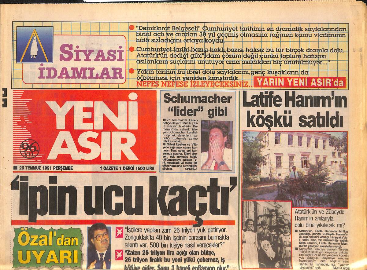 Yeni Asır Gazetesi 25 Temmuz 1991 - Fenerbahçe'de İdmanlara İsyan - Tarık Akan Öldü Diye Korktular GZ133621 - 1