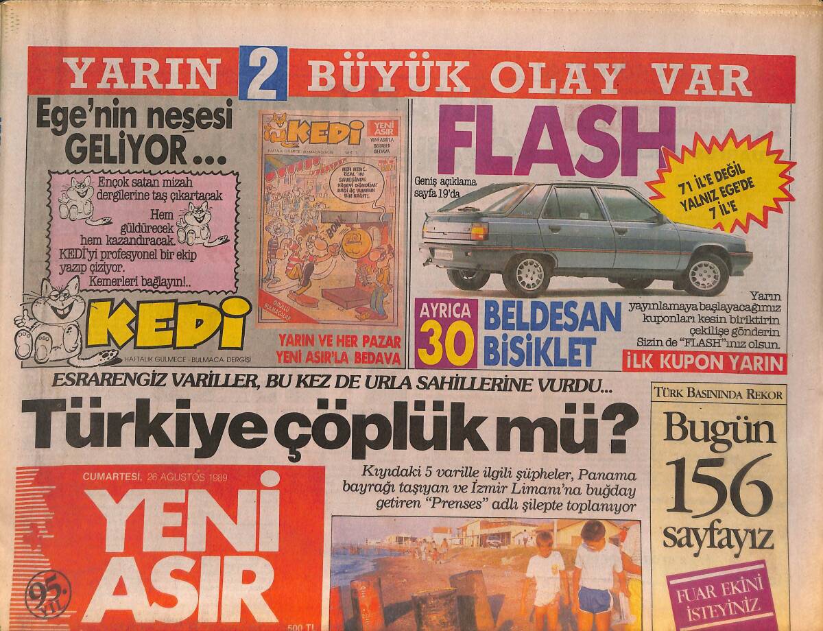 Yeni Asır Gazetesi 26 Ağustos 1989 - Fuar Akasyalar Yılın Gazinosu, Bülent Ersoy, İbrahim Tatlıses, Ahu Tuğba, Hülya Avşar, Ahmet Kaya, Emrah, Nilüfer GZ132171 - 1