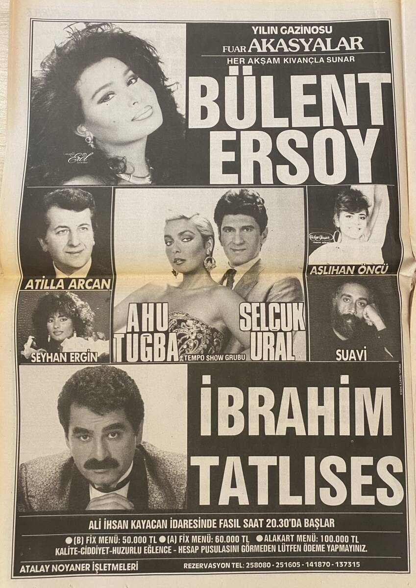 Yeni Asır Gazetesi 26 Ağustos 1989 - Fuar Akasyalar Yılın Gazinosu, Bülent Ersoy, İbrahim Tatlıses, Ahu Tuğba, Hülya Avşar, Ahmet Kaya, Emrah, Nilüfer GZ132171 - 3