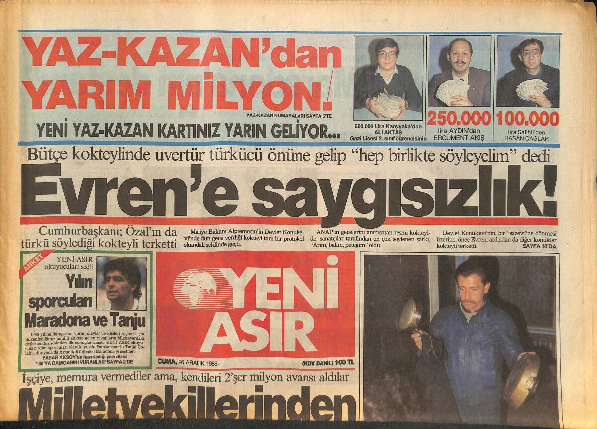 Yeni Asır Gazetesi 26 Aralık 1986 - Yılın Sporcuları Maradona Ve Tanju - Evren'e Saygısızlık ! GZ133599 - 1