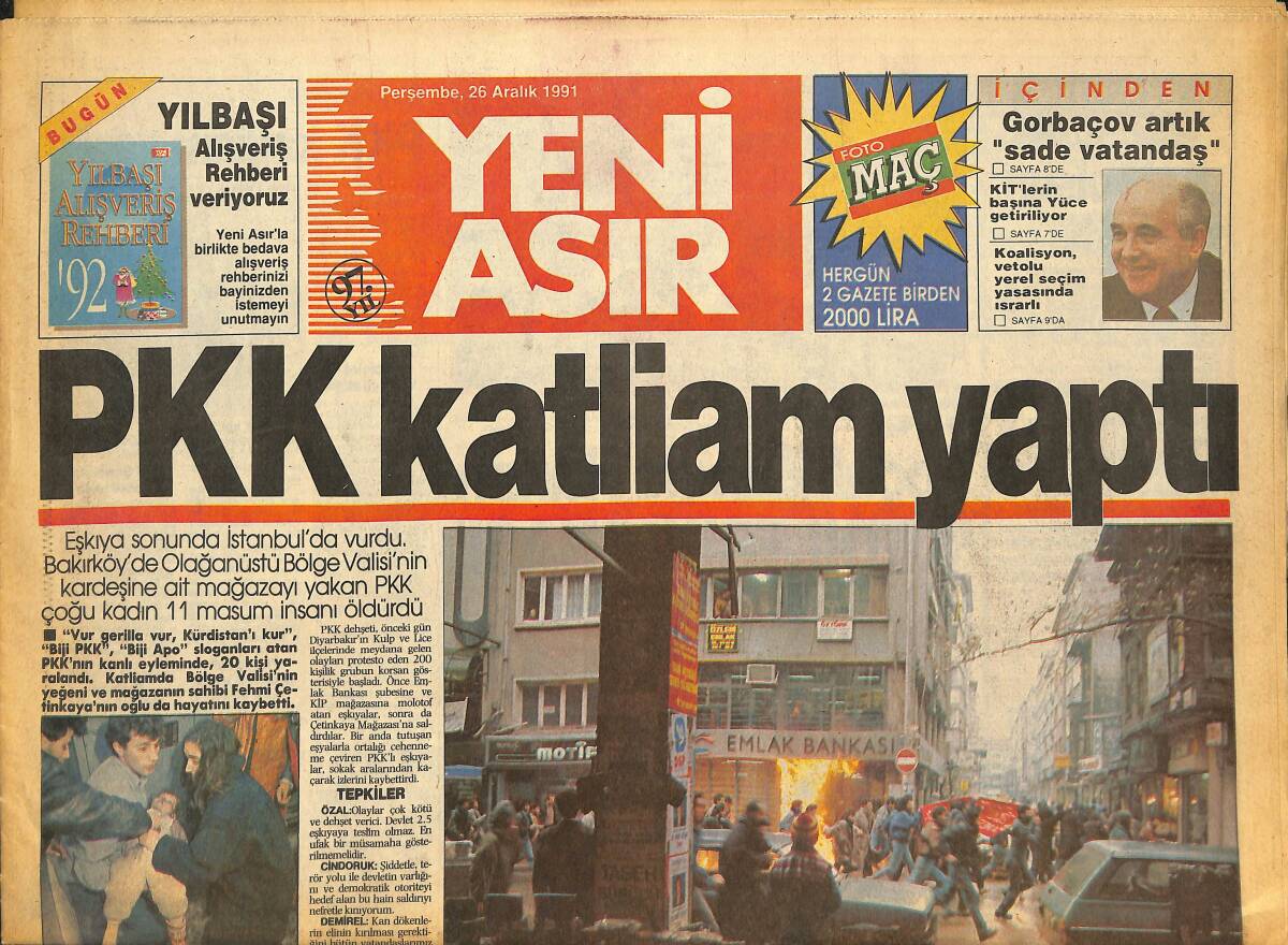 Yeni Asır Gazetesi 26 Aralık 1991 - PKK Katliamı Yaptı - Torbalı Opel Davasına Bakan Yargıç Çekildi GZ133784 - 1