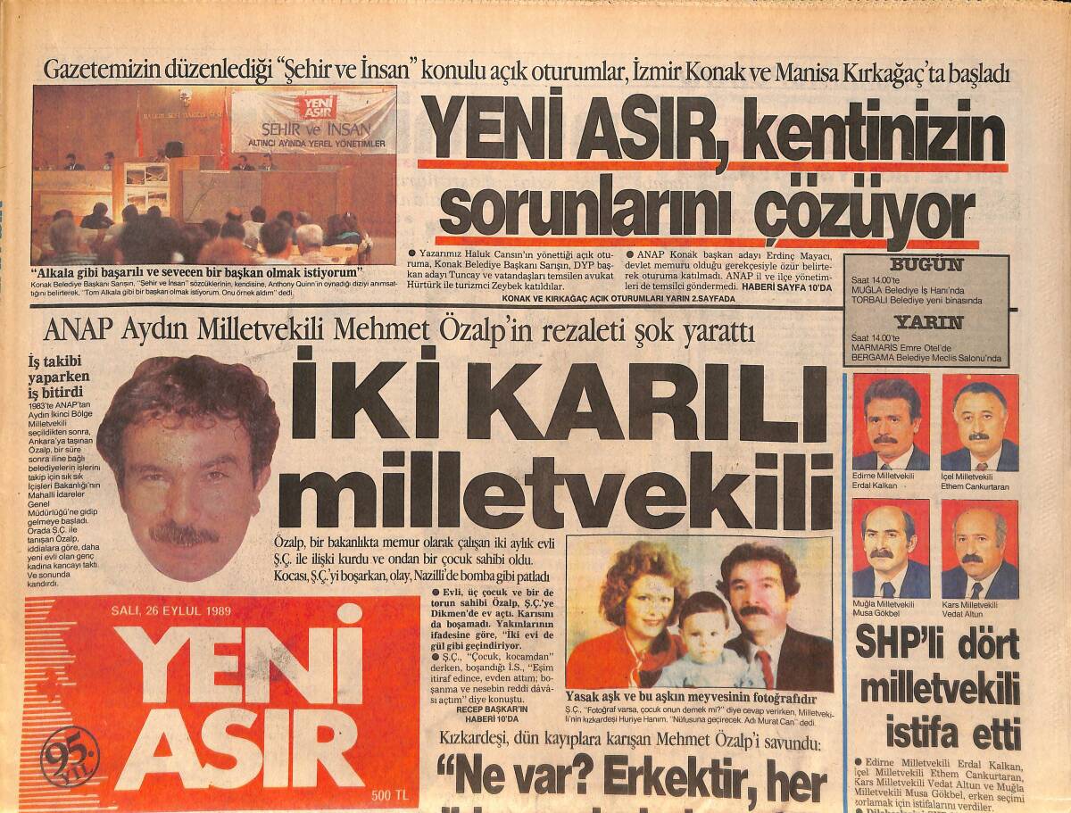 Yeni Asır Gazetesi 26 Eylül 1989 - Mehmet Özalp'in Rezaleti Şok Yarattı;İki Karılı Milletvekili-Altındağ'da Sapık Avı - SHP'li 4 Milletvekili İstifa Etti GZ132274 - 1