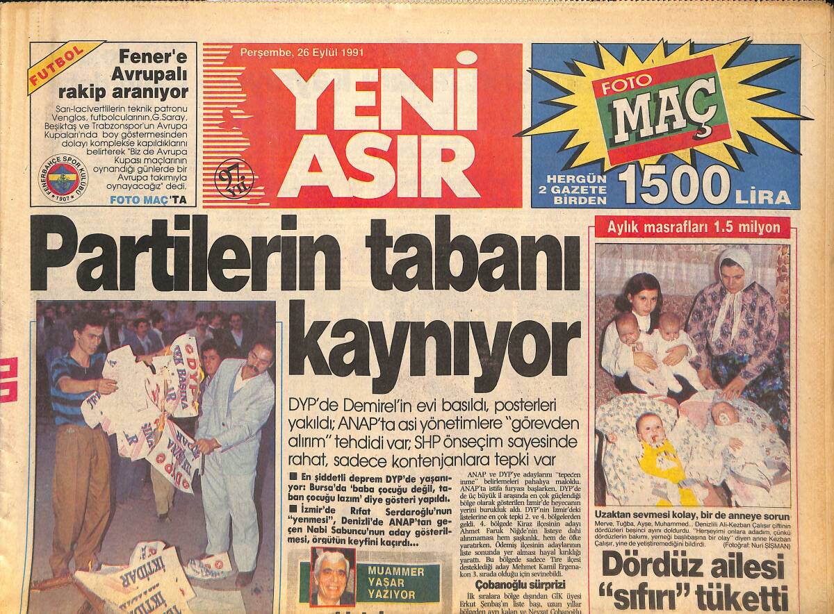 Yeni Asır Gazetesi 26 Eylül 1991 - Kahveci'yi Kim Yedi ? - Partilerin Tabanı Kaynıyor GZ134359 - 1