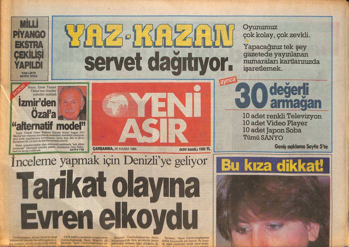 Yeni Asır Gazetesi 26 Kasım 1986 - Tarikat Olayına Kenan Evren El Koydu - Altay Ege'yi Seferberliğe Çağırdı GZ134279 - 1