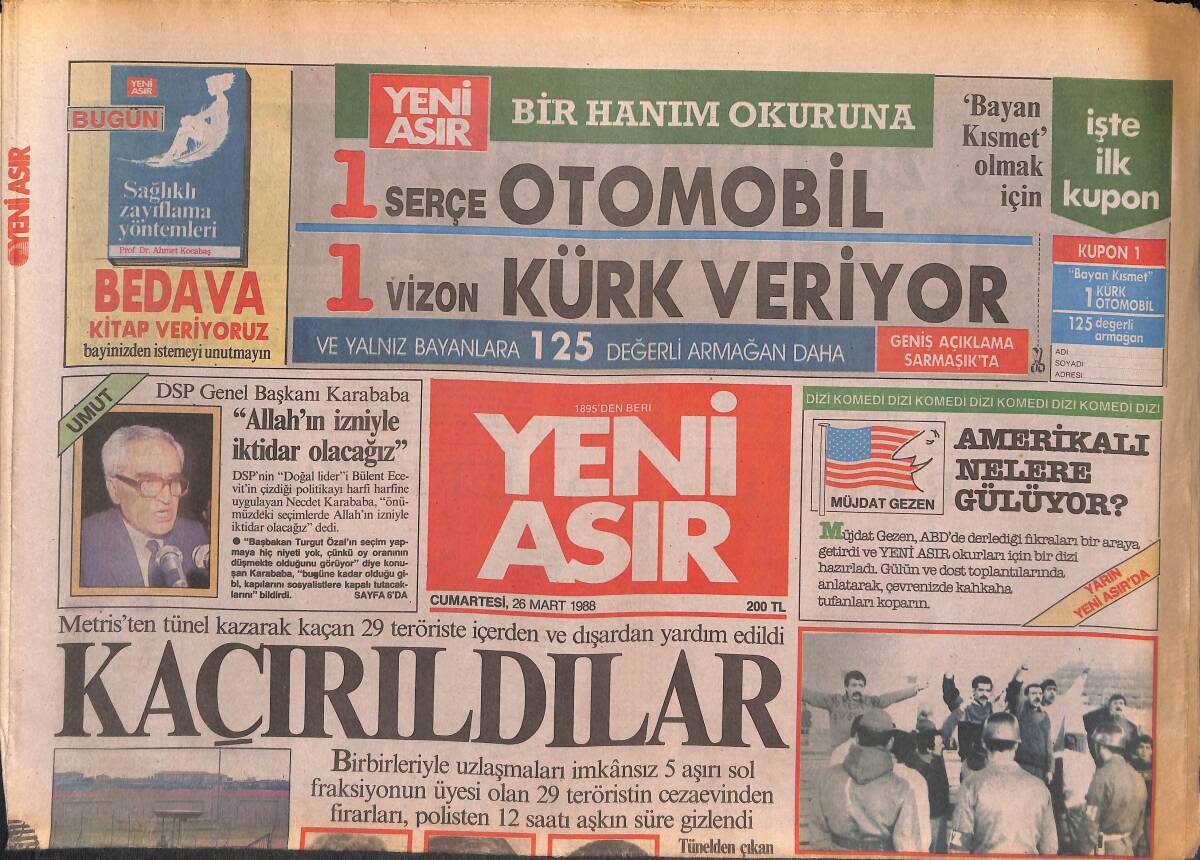 Yeni Asır Gazetesi 26 Mart 1988 - Erdem'den Nadir'e Destek - Asil Nadir'le Uğraşanlar Var GZ134391 - 1