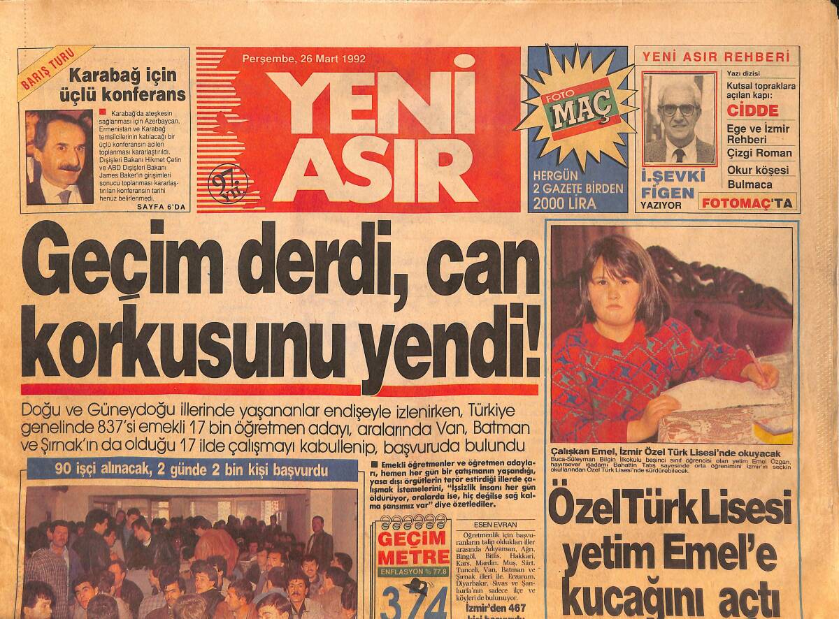 Yeni Asır Gazetesi 26 Mart 1992 - Irak'ta İki PKK Kampı Bombalandı - Asker Kaçaklarına Yeni Bir Af Geliyor GZ134405 - 1