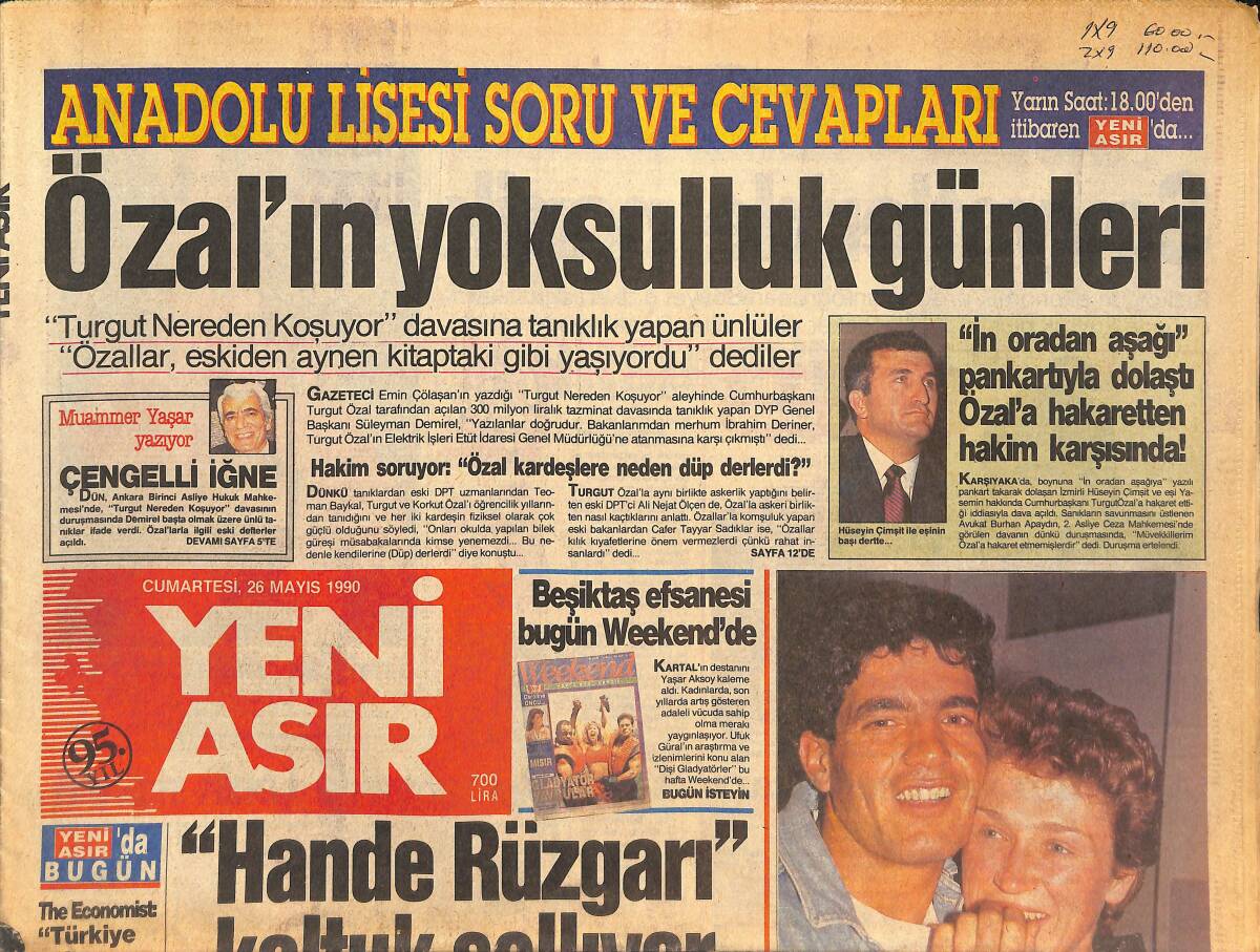 Yeni Asır Gazetesi 26 Mayıs 1990 - Özal'ın Yoksulluk Günleri - Fener Popa'nın İşini Bitirdi B.Şenol Kaldı GZ133586 - 1