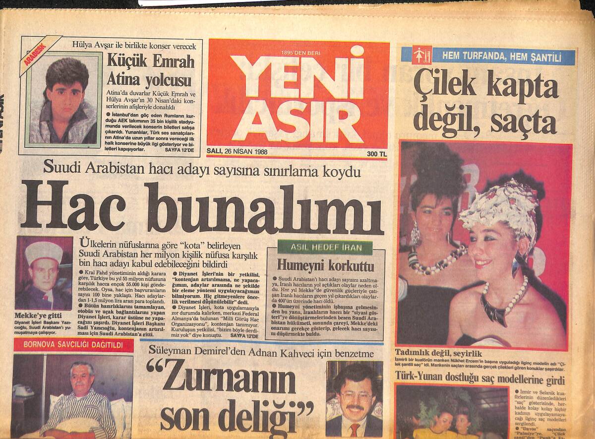 Yeni Asır Gazetesi 26 Nisan 1988 - Küçük Emrah Atina Yolcusu - Haydi Naim Rekor İçin ! GZ133618 - 1