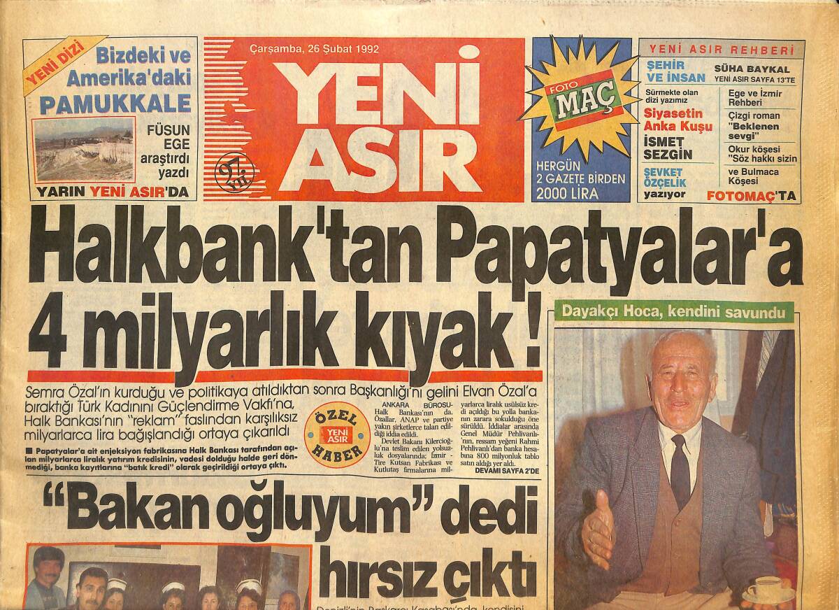 Yeni Asır Gazetesi 26 Şubat 1992 - Pavarotti Geliyor - Halkbank'tan Papatyalar'a 4 Milyarlık Kıyak GZ133778 - 1