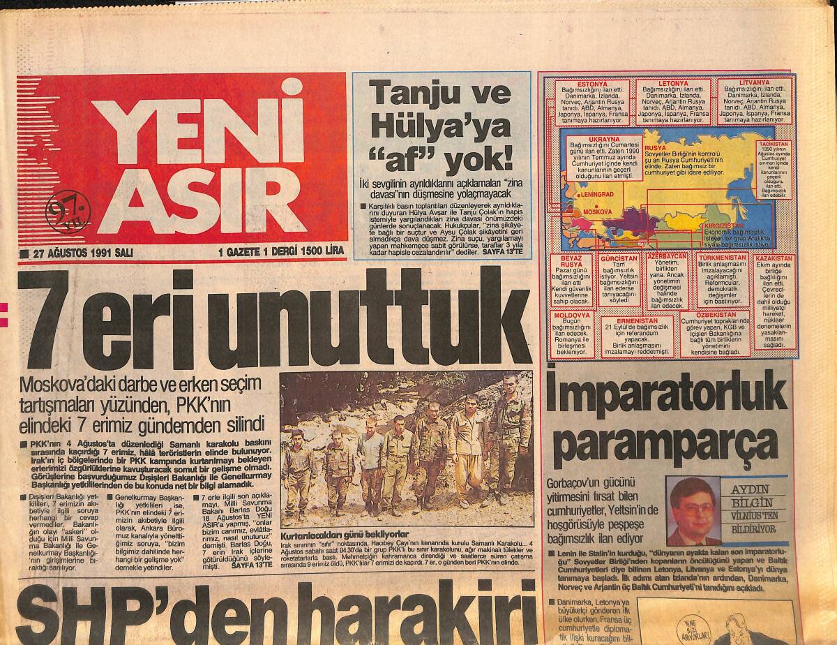 Yeni Asır Gazetesi 27 Ağustos 1991 - İşte , Ege'deki Seçim Barajları - İmparatorluk Paramparça GZ132109 - 1