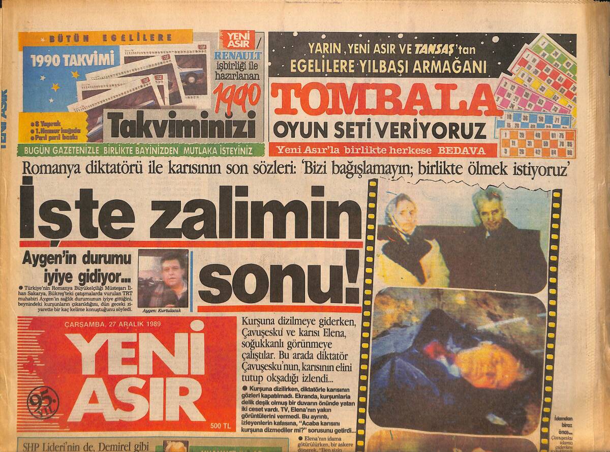 Yeni Asır Gazetesi 27 Aralık 1989 - İnönü , Özal'ı Nasıl Düşüreceğini Anlattı - Altay Otelde Çalıştı ! GZ134220 - 1