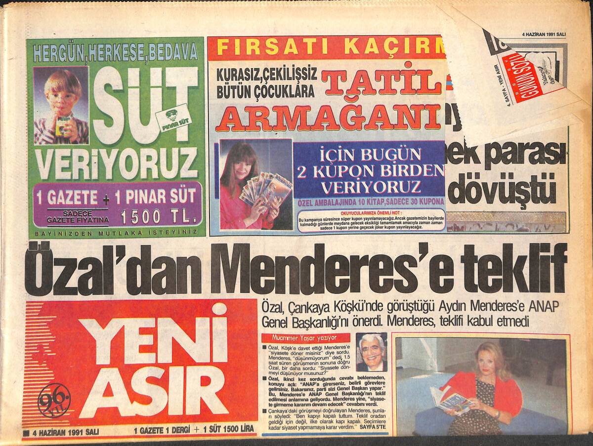 Yeni Asır Gazetesi 4 Haziran 1991 - Özal'dan Menderes'e Teklif - Sabancı Akbulut'u Destekliyor GZ131546 - 1