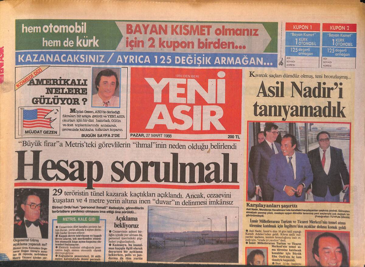 Yeni Asır Gazetesi 27 Mart 1988 - Asil Nadir'i Tanıyamadık - SHP'yi Su Bastı GZ134392 - 1