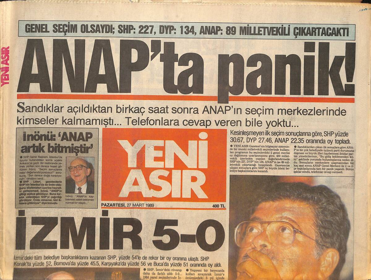 Yeni Asır Gazetesi 27 Mart 1989 - Özal'a Kızan İstanbul'lu Dalan'ı Yaktı - SHP Rövanşı Aynı Skorla Aldı GZ133669 - 1