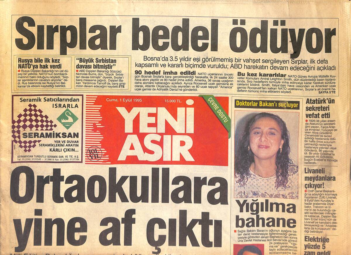 Yeni Asır Gazetesi 1 Eylül 1995 - Sırplar Bedel Ödüyor - Fethiye , Yamaç Paraşütü Merkezi GZ131522 - 1