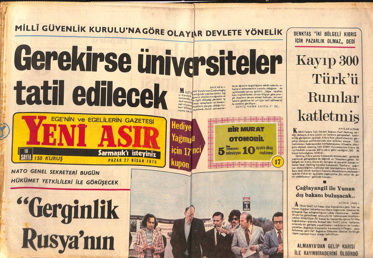 Yeni Asır Gazetesi 27 Nisan 1975 - Kuzey Kutbunu Geçen Türkler - Kayıp 300 Türk'ü Rumlar Katletmiş GZ147127 - 1