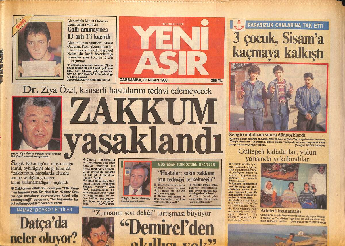 Yeni Asır Gazetesi 27 Nisan 1988 - Zakkum Yasaklandı - Dünyanın Gözü Naim Süleymanoğlu'nda GZ133617 - 1