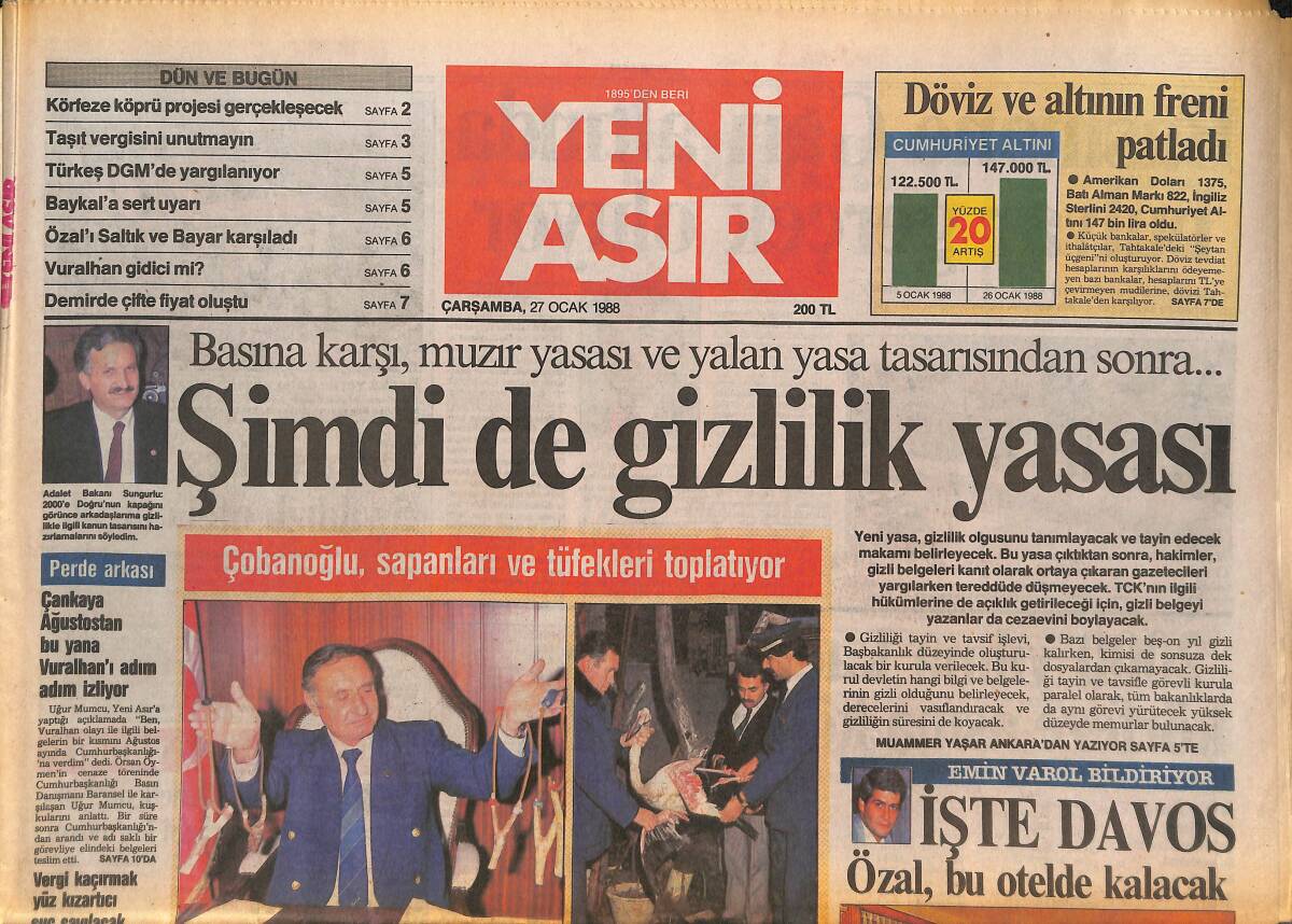 Yeni Asır Gazetesi 27 Ocak 1988 - Yüksel Uzel'den Moral - Özfatura'ya İcra Tekel'den Geldi GZ133656 - 1
