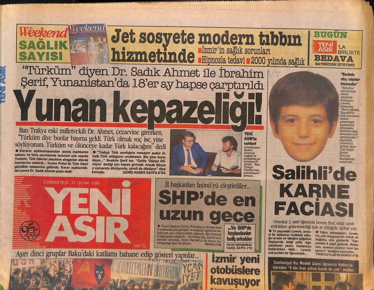 Yeni Asır Gazetesi 27 Ocak 1990 - Azerbaycan Adına Humeyni Çığlıkları - SHP'de En Uzun Gece GZ134313 - 1