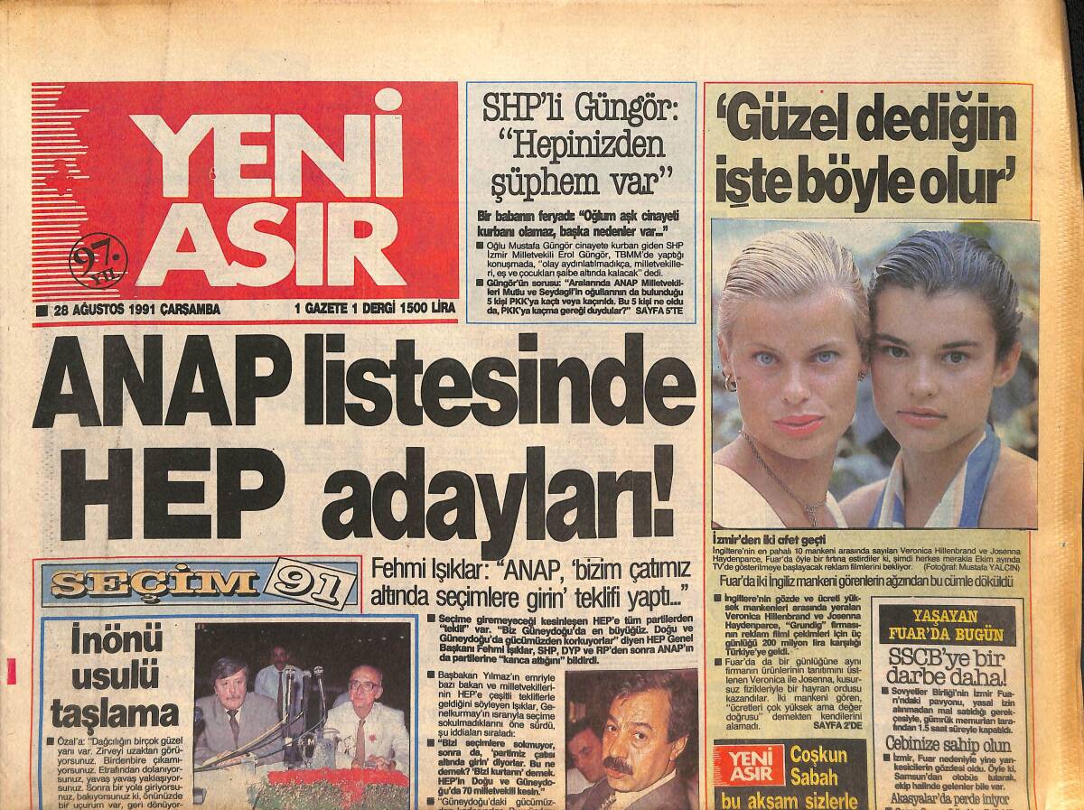 Yeni Asır Gazetesi 28 Ağustos 1991 - ANAP Rektör Peşinde - Cimbom'a Moral GZ132108 - 1