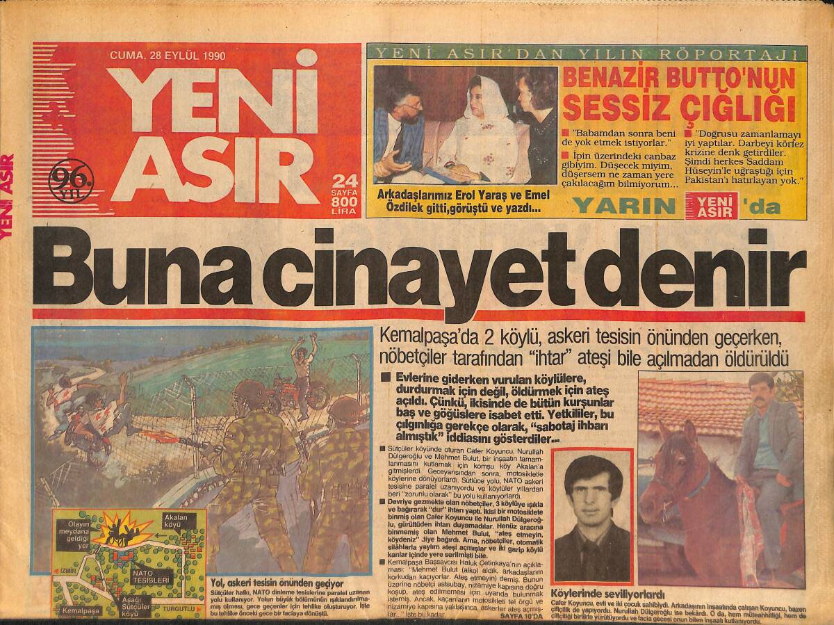 Yeni Asır Gazetesi 28 Eylül 1990 - Kemalpaşa'da 2 Köylü Asker Tarafından Öldürüldü - TRT'den Kendisini Yenilemesi Bekleniyor GZ132247 - 1