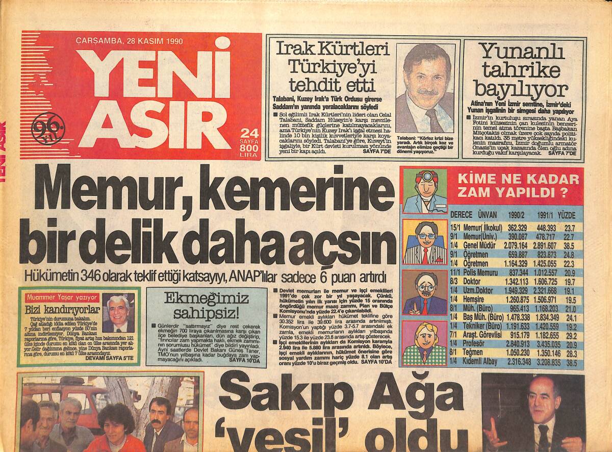 Yeni Asır Gazetesi 28 Kasım 1990 - Memur , Kemerine Bir Delik Daha Açsın - Türkmenoğlu Şifa Arıyor GZ133588 - 1