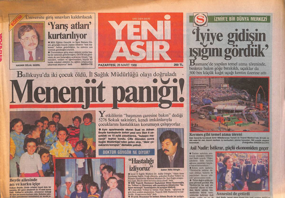 Yeni Asır Gazetesi 28 Mart 1988 - İnönü : Özal Telaş İçinde - Menenjit Paniği GZ134415 - 1