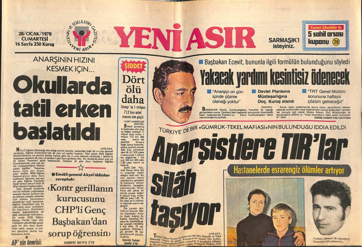 Yeni Asır Gazetesi 28 Ocak 1978 - Uğur Güçlü'yü Karısı Kiralık Katile Öldürttü - Anarşistlere TIR'lar Silâh Taşıyor GZ134363 - 1