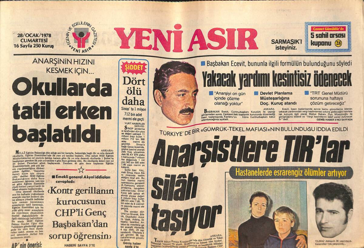 Yeni Asır Gazetesi 28 Ocak 1978 - Uğur Güçlü'yü Karısı Kiralık Katile Öldürttü - Anarşistlere TIR'lar Silâh Taşıyor GZ134367 - 1