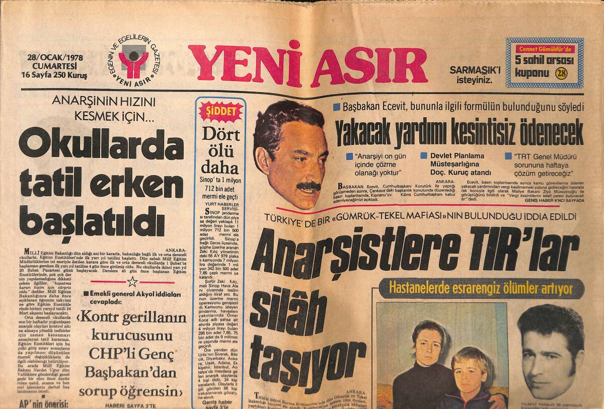Yeni Asır Gazetesi 28 Ocak 1978 - Uğur Güçlüyü Karısı Kiralık Katile Öldürttü - Hastaneler Esrarengiz Ölümler Artıyor - ABD'yi Kış Vurdu 27 Kişi Öldü GZ132292 - 1