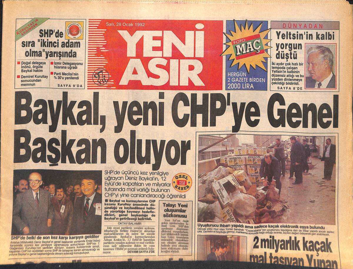 Yeni Asır Gazetesi 28 Ocak 1992 - Sibel Can Anne Oldu - Kuyumcu Soyan Kişiler Polis Tarafından Evde Ölü bulundu - Kaçak Mal Taşıyan Gemiye El Koyuldu GZ132272 - 1