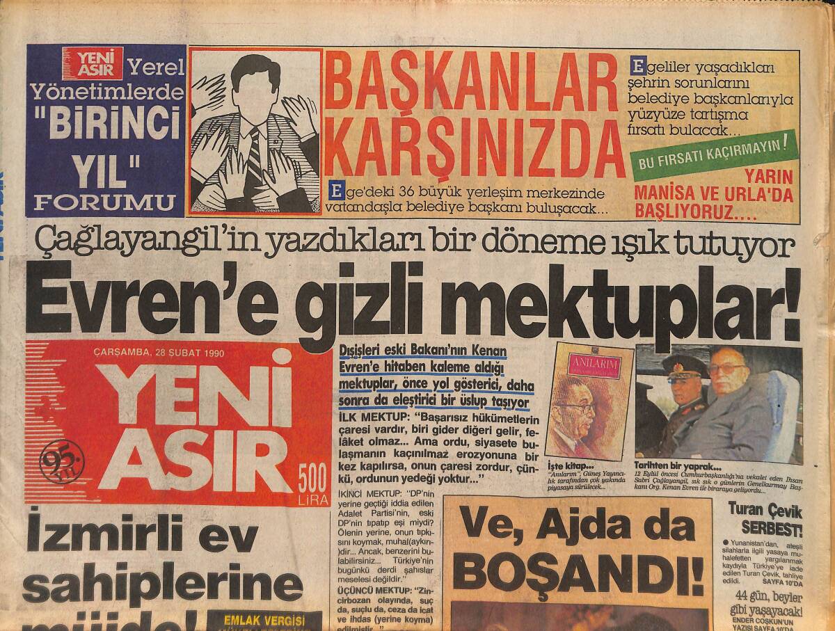 Yeni Asır Gazetesi 28 Şubat 1990 - Evren'e Gelen Gizli Mektuplar - Ajda Pekkan 3.5 Yıllık Evliliğini Bitirdi GZ132233 - 1