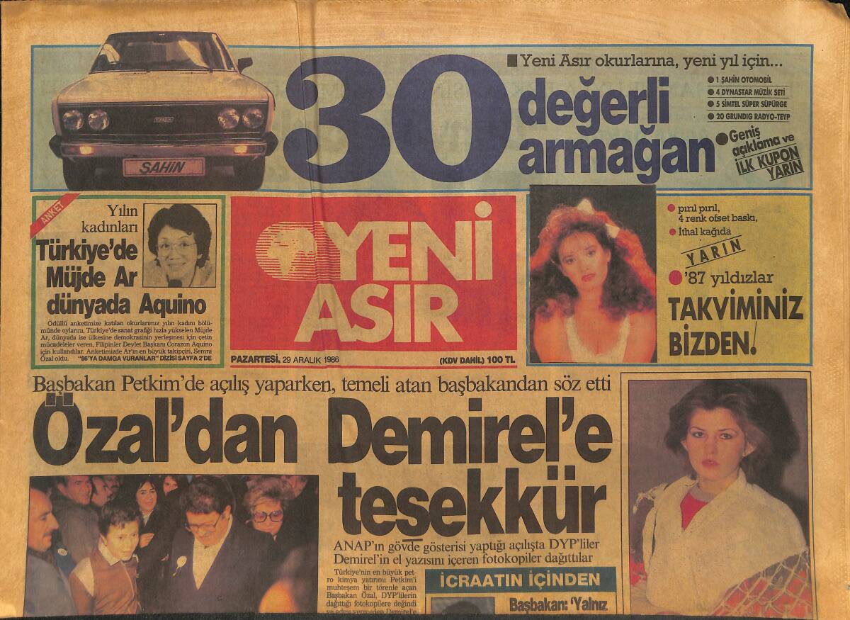 Yeni Asır Gazetesi 29 Aralık 1986 - Ahu Tuğba'ya Ölüm Tehdidi - İtalyanlar , Zeytin Toplama Makinasını Manisa'da Denedi GZ133597 - 1