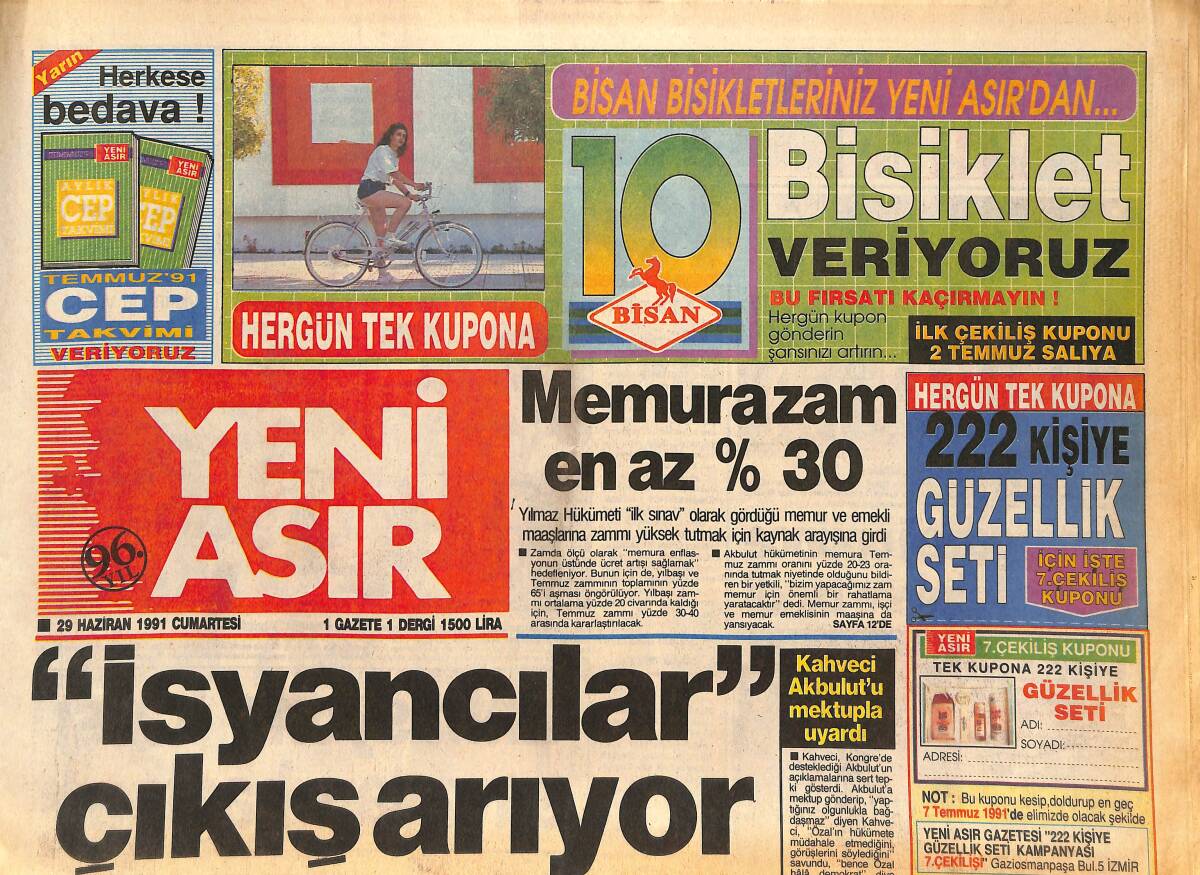 Yeni Asır Gazetesi 29 Haziran 1991 - Galatasaray'ın Gençlerine Tatil Yasak !.. - Kahveci Akbulut'u Mektupla Uyardı GZ132133 - 1