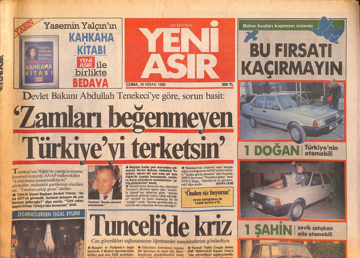 Yeni Asır Gazetesi 29 Nisan 1988 - Dünya Naim Süleymanoğlu'na Hayran Kaldı - Tunceli'de Kriz GZ134383 - 1