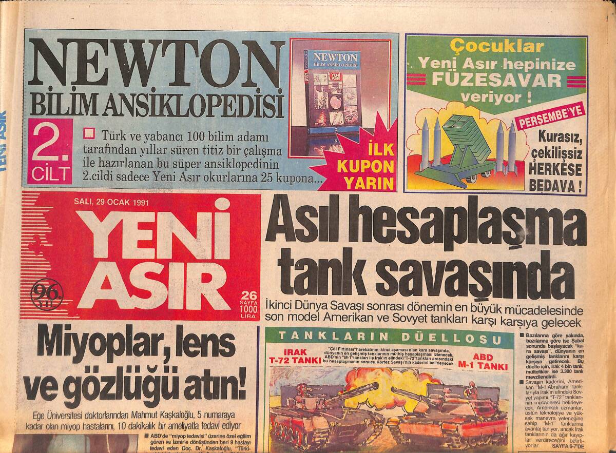 Yeni Asır Gazetesi 29 Ocak 1991 - Saddam'ın Savaş Gücü Sapasağlam Duruyor - Fener'in Rıdvan Ve Sercan'la Yüzü Gülüyor GZ132180 - 1