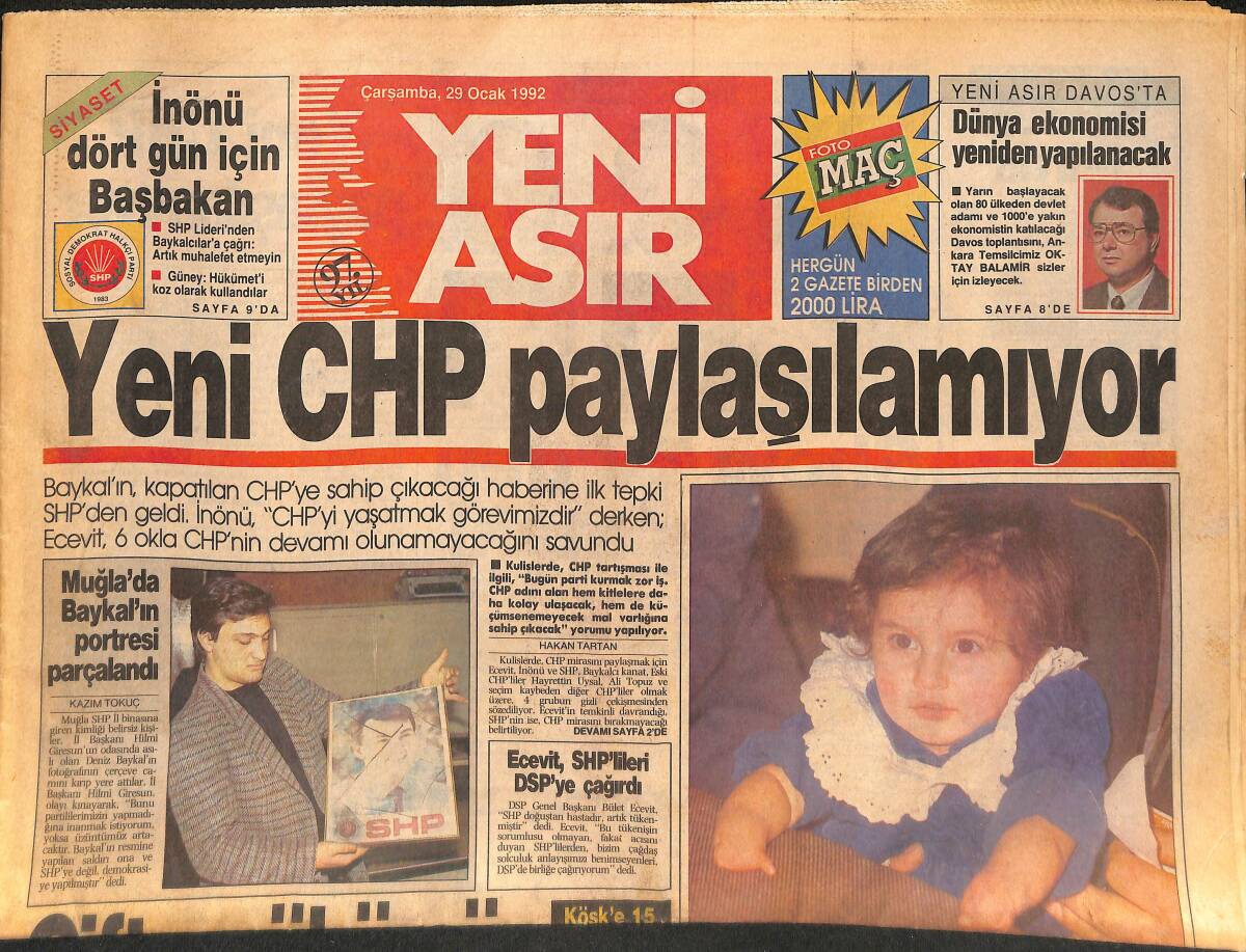 Yeni Asır Gazetesi 29 Ocak 1992 - Baykal : Chp'yi Yaşatmak Göremizdir - 1.5 Yaşındaki Sibel, Vali'den Protez El İstedi GZ132271 - 1