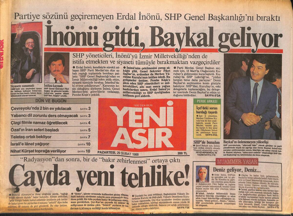 Yeni Asır Gazetesi 29 Şubat 1988 - Banker Kastelli İzmir'e Küstü - İnönü Gitti , Baykal Geliyor GZ133810 - 1