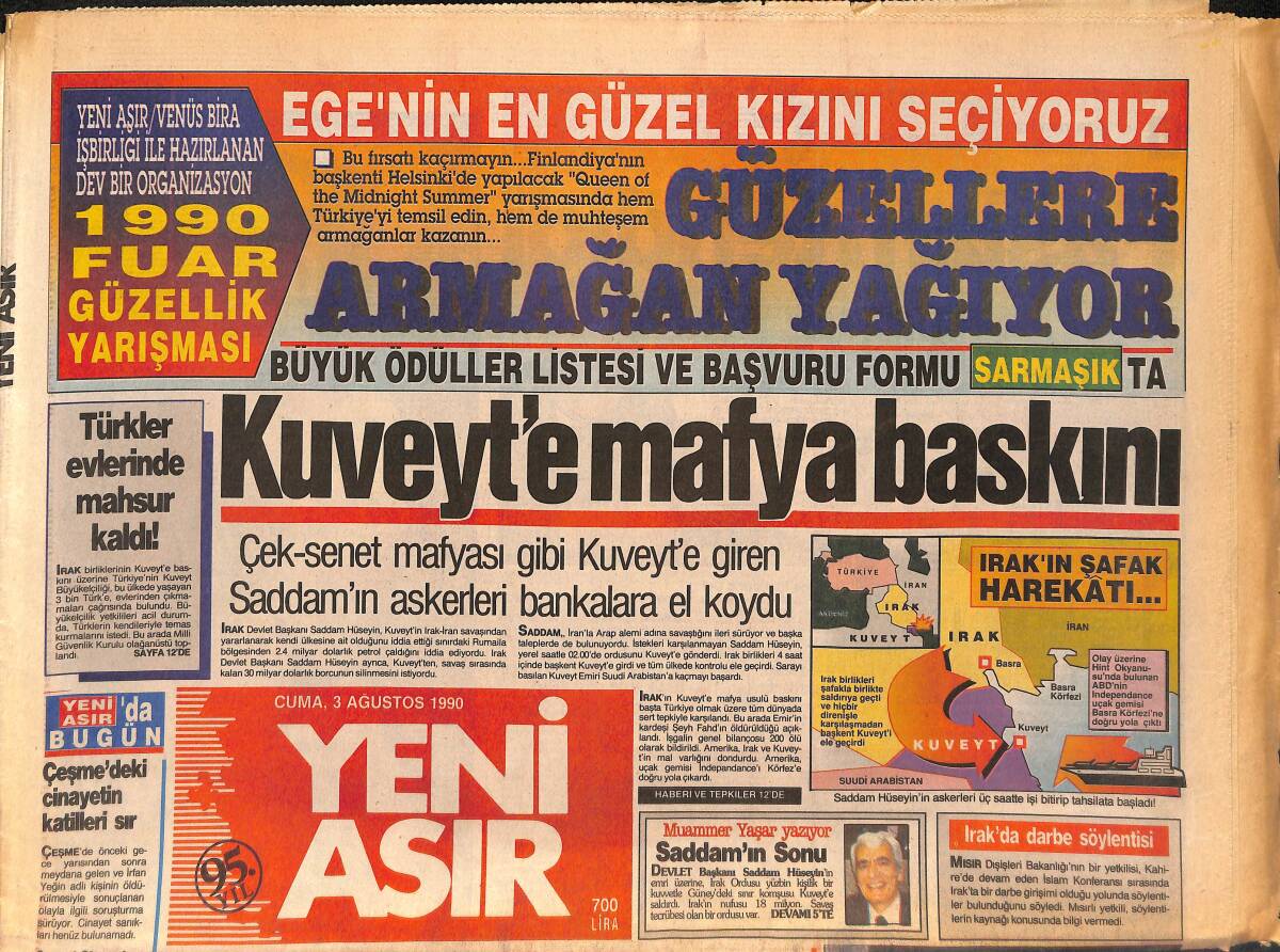 Yeni Asır Gazetesi 3 Ağustos 1990 - Kuveyt'e Giren Saddam'ın Askerleri Bankalara El Koydu - Irak'ta Türkler Evinde Mahsur Kaldı GZ132291 - 1
