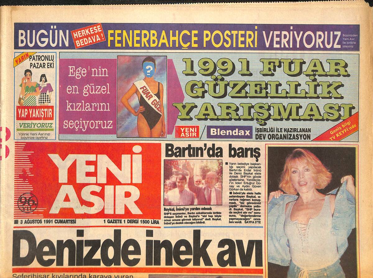 Yeni Asır Gazetesi 3 Ağustos 1991 - Ajda Pekkan'ın Süper Dönüşü - Fatih Beşer'de Start Verildi GZ133711 - 1