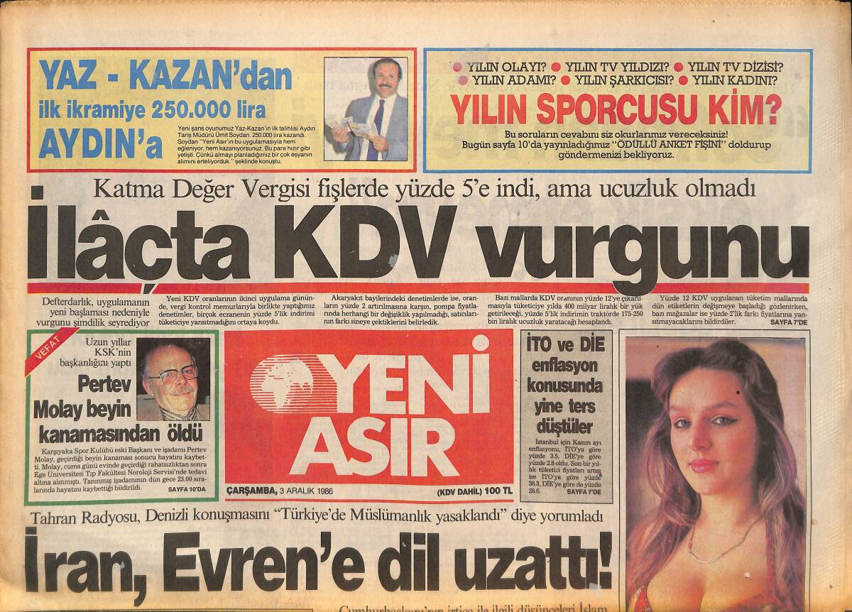 Yeni Asır Gazetesi 3 Aralık 1986 - İran Kenan Evren'e Dil Uzattı - Kartallar, 