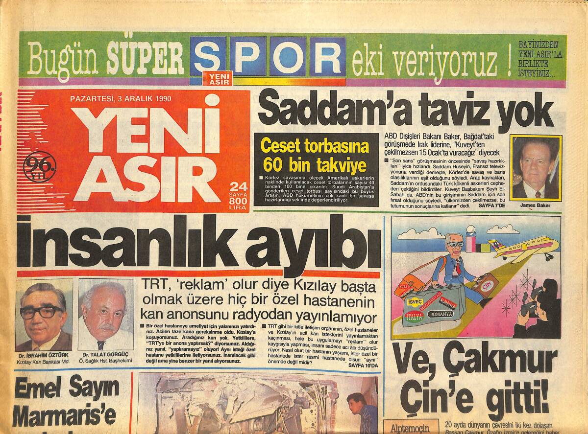 Yeni Asır Gazetesi 3 Aralık 1990 - Emel Sayın Marmaris'e Yerleşiyor - Saddam'a Taviz Yok GZ133560 - 1